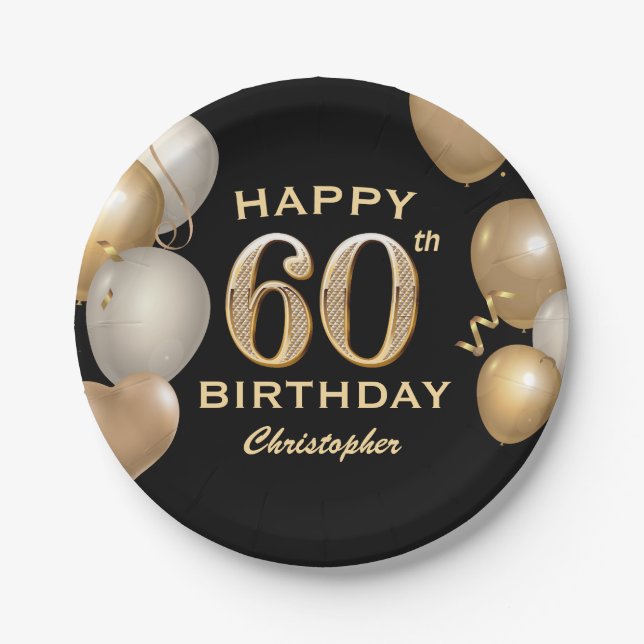 60th Birthday Party Black and Gold Balloons Paper Plate (Front)