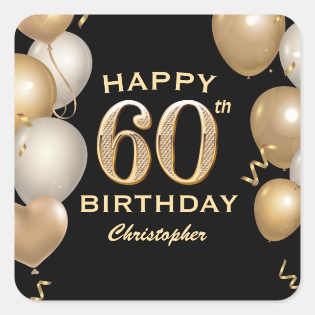 60th Birthday Party Black and Gold Balloons Square Sticker (Front)
