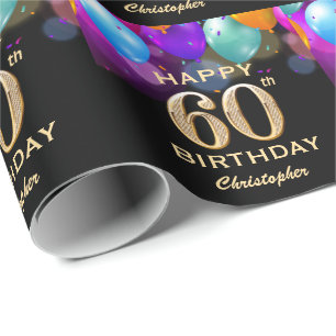 60th Birthday Party Black and Gold Balloons Wrapping Paper