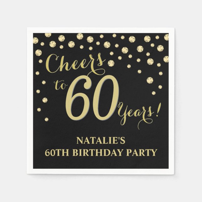 60th Birthday Party Black and Gold Diamond Napkins (Front)