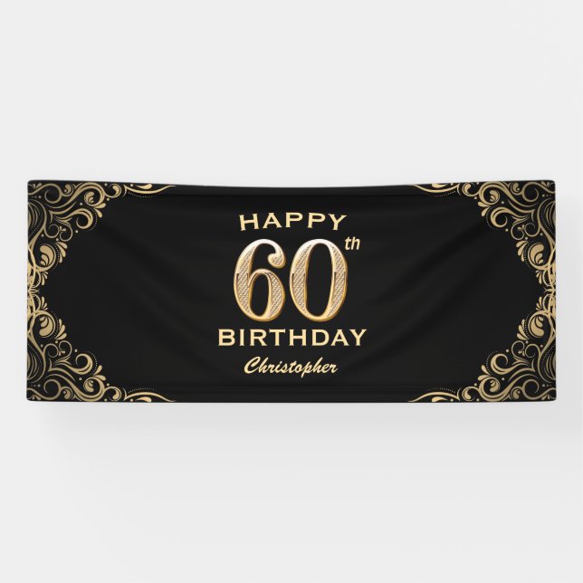 60th Birthday Party Black and Gold Glitter Frame Banner (Horizontal)