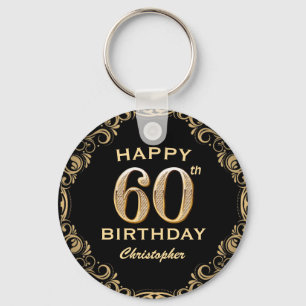 60th Birthday Party Black and Gold Glitter Frame Key Ring