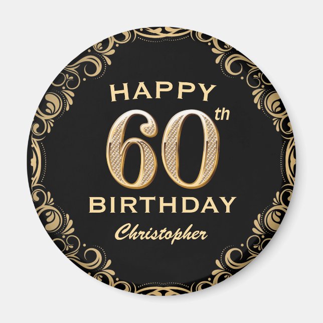 60th Birthday Party Black and Gold Glitter Frame Magnet (Front)