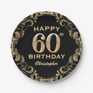 60th Birthday Party Black and Gold Glitter Frame Paper Plate