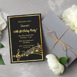 60th birthday party black and gold music notes invitation<br><div class="desc">Let's party and dance! A trendy,  modern 60th birthday party invitation card for both men and women.  A classic black background,  with faux gold  frame and music notes,  golden coloured letters. Templates for your party information.  Back: Black colour faux gold music notes.</div>