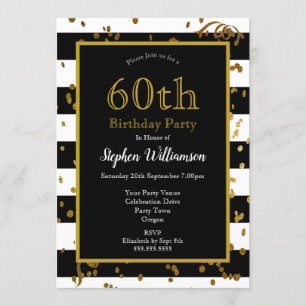 60th Birthday Party Black and White   Gold Glitter Invitation