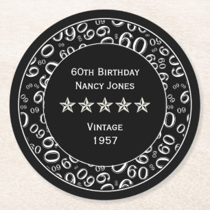60th Birthday Party Black and White Theme Round Paper Coaster