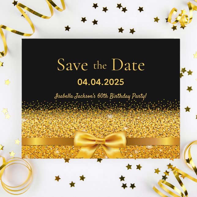60th birthday party black gold bow save the date postcard (Creator Uploaded)