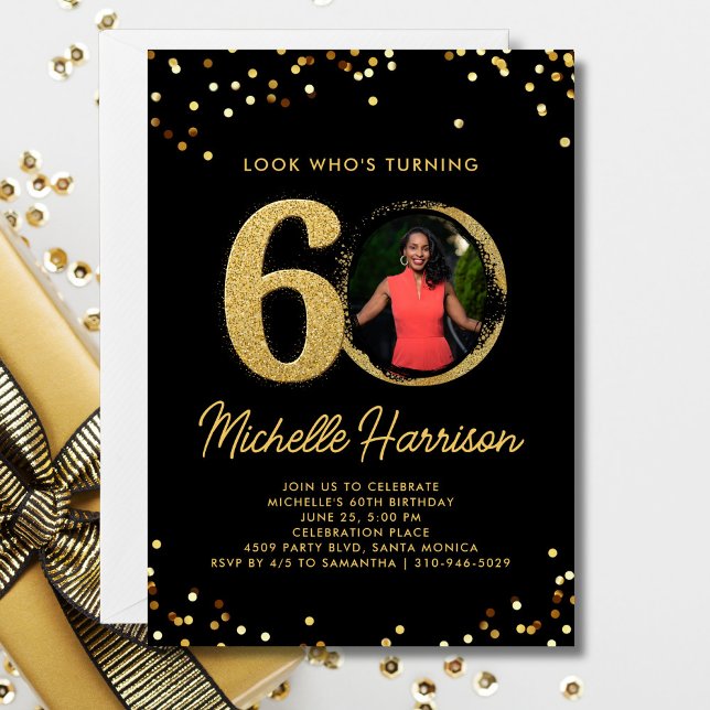 60th Birthday Party Black Gold Confetti Photo  Invitation (Creator Uploaded)