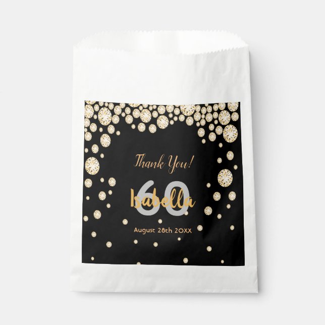 60th birthday party black gold diamonds thank you favour bag (Front)