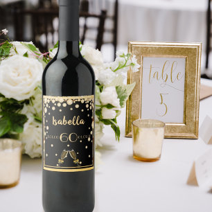 60th birthday party black gold name diamonds wine label