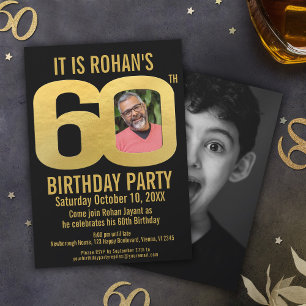 60th Birthday party black gold now then photo Invitation
