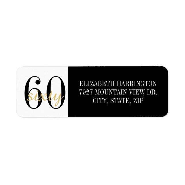 60th Birthday Party Black Gold Return Address Label (Front)