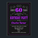 60th Birthday Party - Black Purple Invitation<br><div class="desc">60th Birthday Party Invitation.
Elegant black,  purple,  white retro design with chalkboard pattern and script font. Cheers to 60 years! Message me if you need further customization.</div>