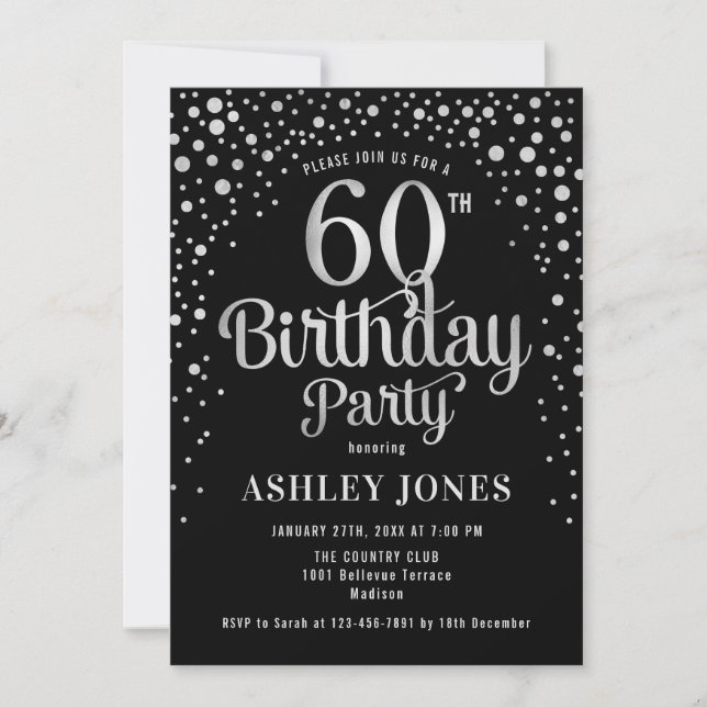 60th Birthday Party - Black & Silver Invitation (Front)
