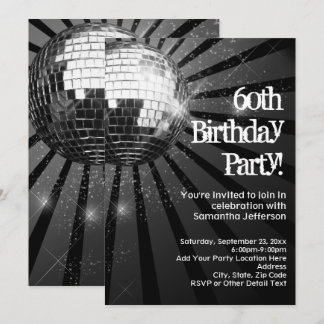 60th Birthday Party Black Sparkle Disco Ball Invitation