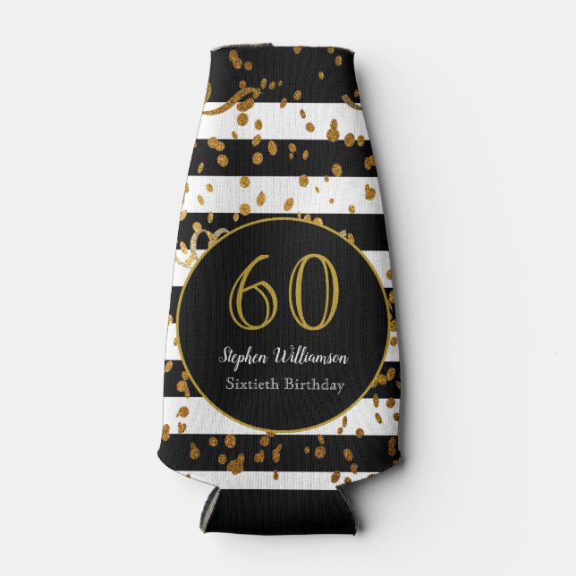 60th Birthday Party| Black White and Gold Glitter Bottle Cooler (Front)