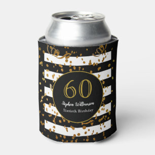 60th Birthday Party  Black White and Gold Glitter Can Cooler