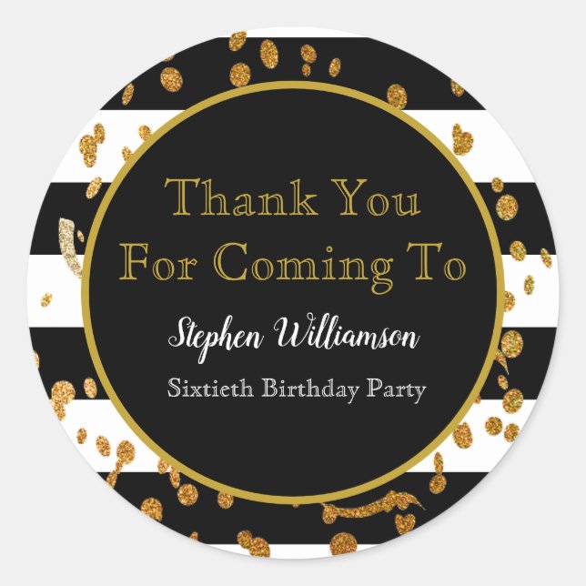 60th Birthday Party| Black White Gold Thank You Classic Round Sticker (Front)
