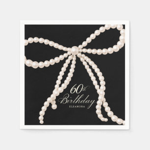 60th Birthday Party Black White Pearl Bow Cocktail Napkin