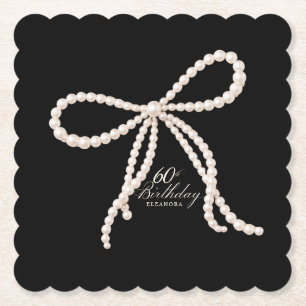 60th Birthday Party Black White Pearl Bow Custom Paper Coaster