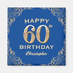 60th Birthday Party Blue and Gold Glitter Frame Magnet