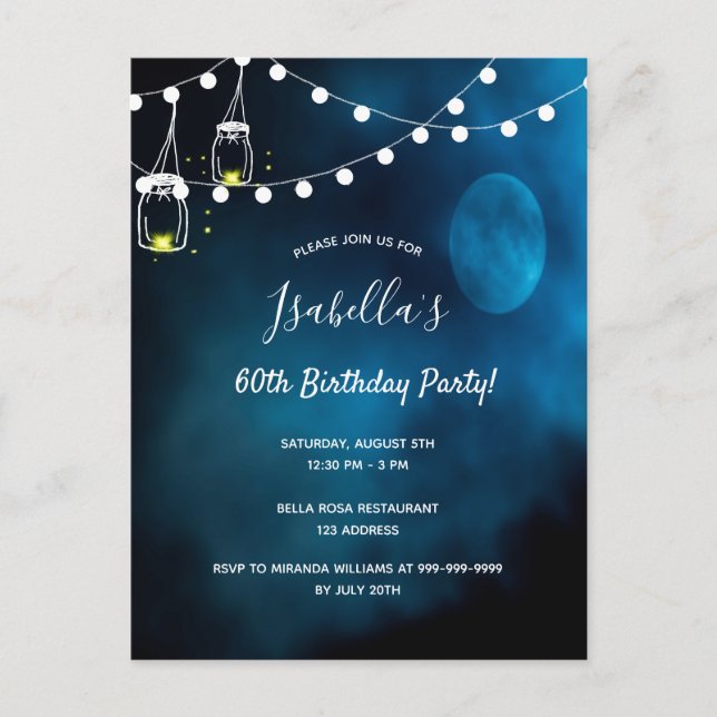 60th Birthday party blue moon light strings Invitation Postcard (Front)