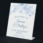 60th Birthday Party Blue Rose Floral Welcome Pedestal Sign<br><div class="desc">Welcome your guests in style with this blue floral welcome sign. All text is editable.</div>