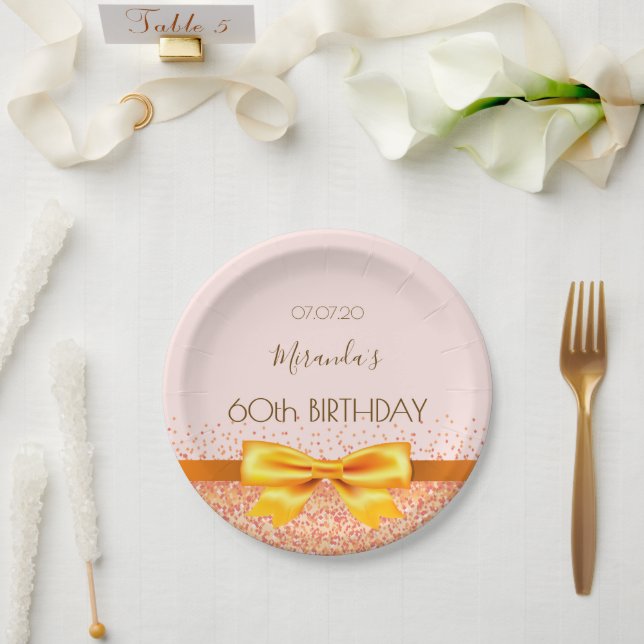 60th birthday party blush rose gold bow name paper plate (Wedding)
