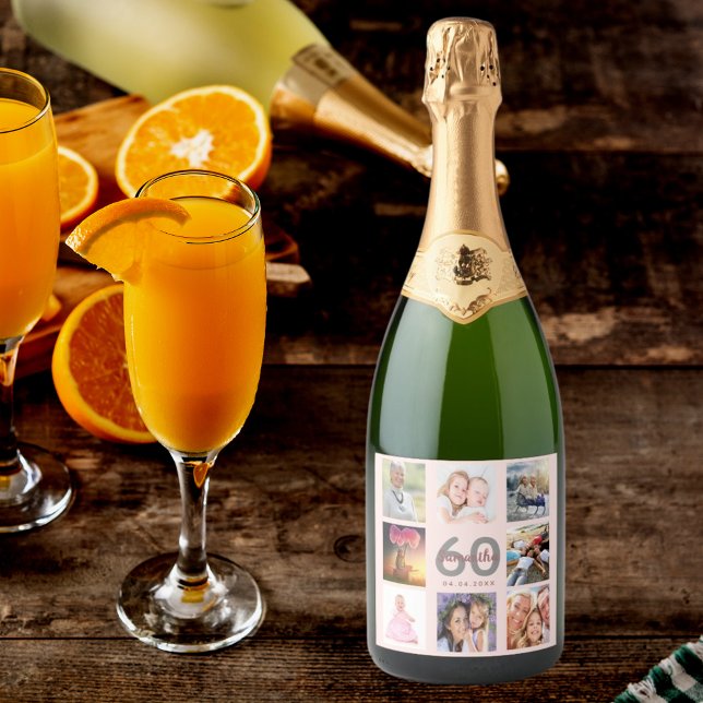 60th birthday party blush rose gold photo collage sparkling wine label (Creator Uploaded)