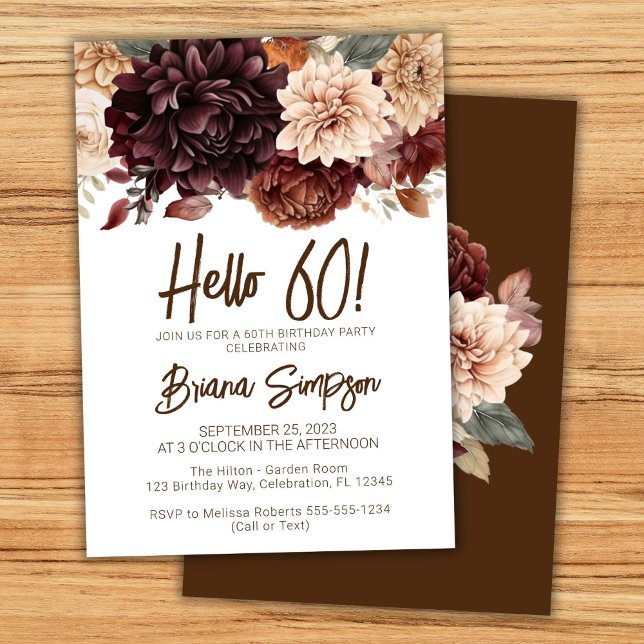 60th Birthday Party Brown Beige Flowers Floral Invitation (Creator Uploaded)