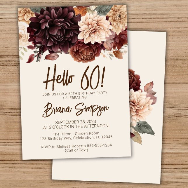 60th Birthday Party Brown Beige Ivory Floral Invitation (Creator Uploaded)