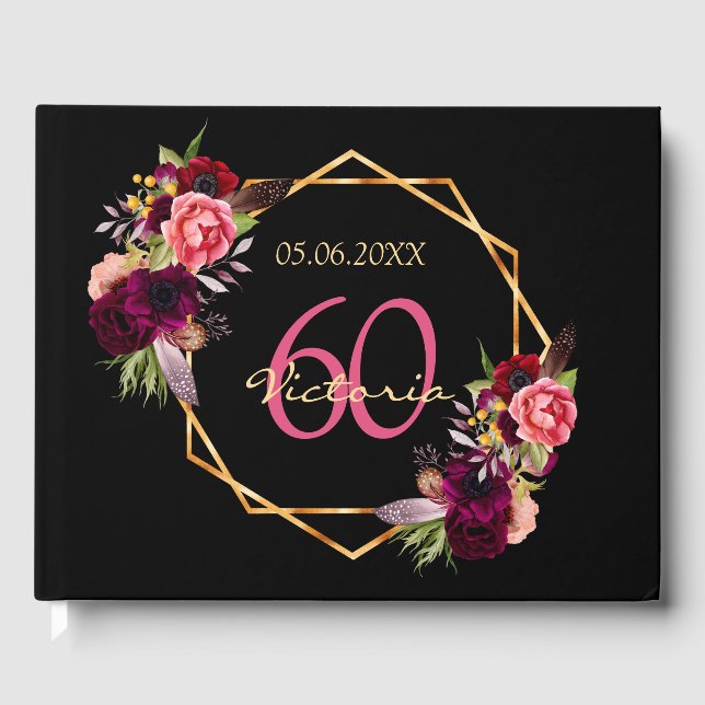 60th birthday party burgundy florals geometric guest book (Front)