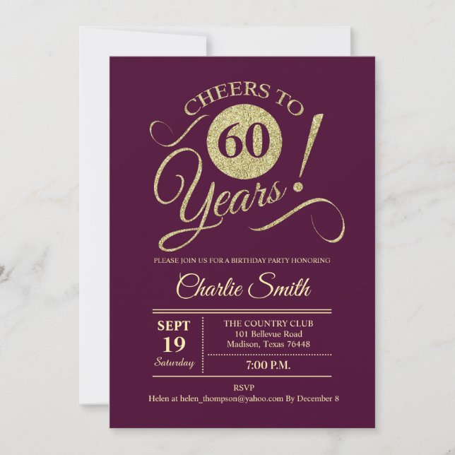 60th Birthday Party - Burgundy Gold Invitation (Front)