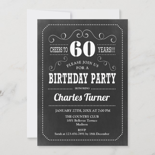 60th Birthday Party - Chalkboard Black White Invitation (Front)