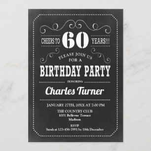 60th Birthday Party - Chalkboard Black White Invitation