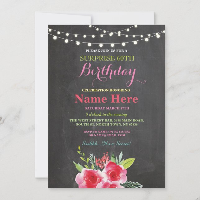 60th Birthday Party Chalkboard Floral Pink Invite (Front)