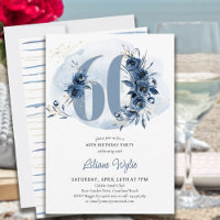 60th Birthday Party Coastal Blue Floral Number 60