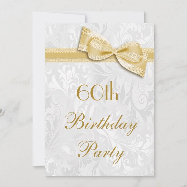 60th Birthday Party Damask and Faux Bow Invitation (Front)