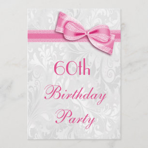 60th Birthday Party Damask and Pink Faux Bow Invitation