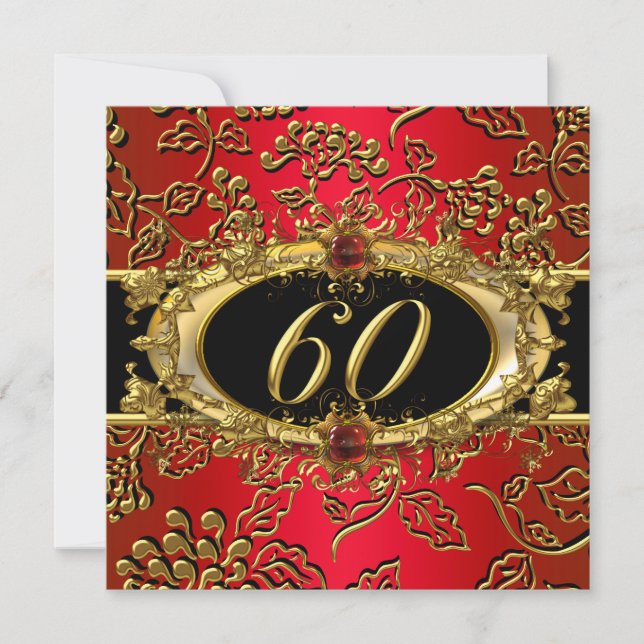 60th Birthday Party Damask Red Gold Black Invitation (Front)