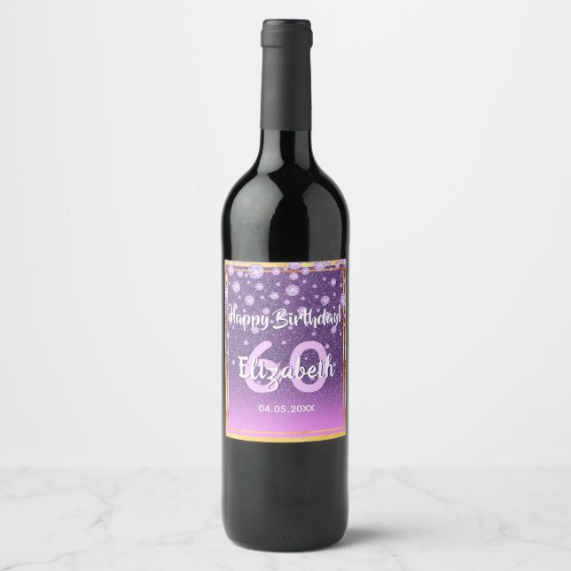 60th birthday party diamonds glitter purple pink wine label (Front)