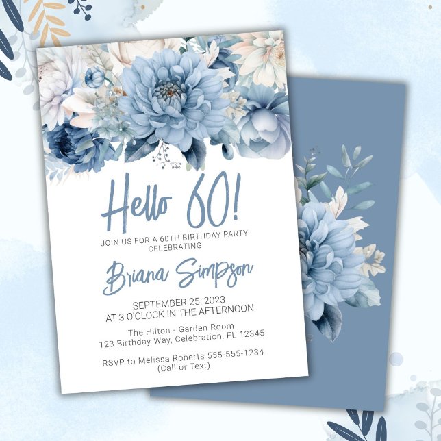 60th Birthday Party Dusty Blue Floral Invitation (Creator Uploaded)