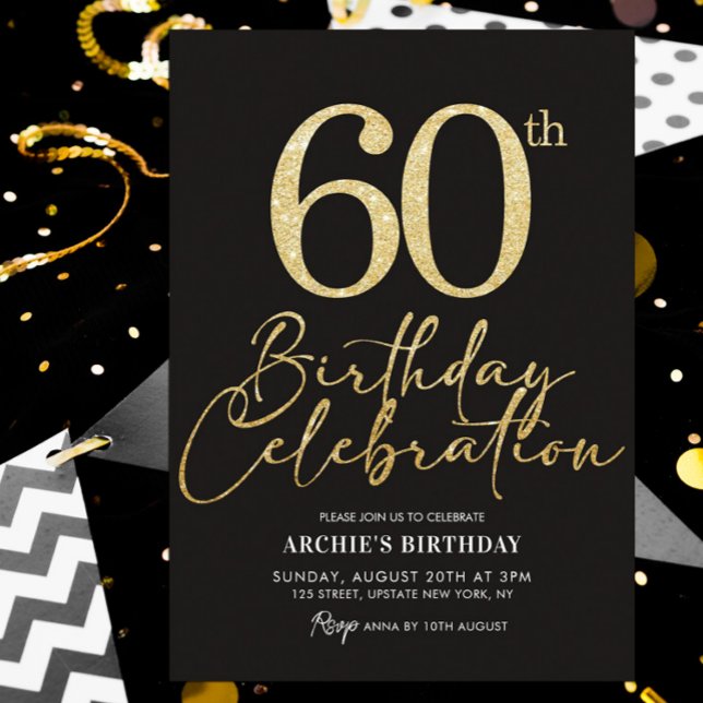 60th Birthday Party Elegant Black & Gold Glitter Invitation (60th birthday elegant gold glitter invitation)