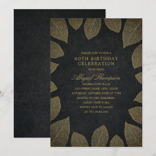 60th Birthday Party Elegant Black Gold Leaves Invitation