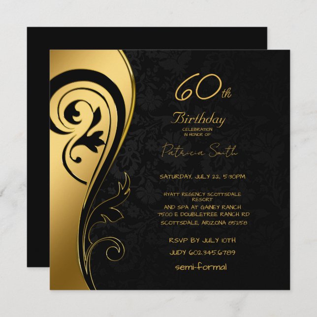 60th Birthday Party Elegant Black & Gold Swirls   Invitation (Front/Back)