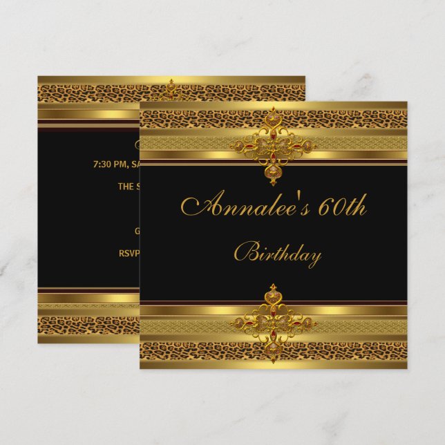 60th Birthday Party Elegant Black Ornate Gold Invitation (Front/Back)