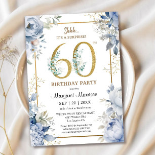 60th Birthday Party Elegant Dusty Blue Floral Invitation