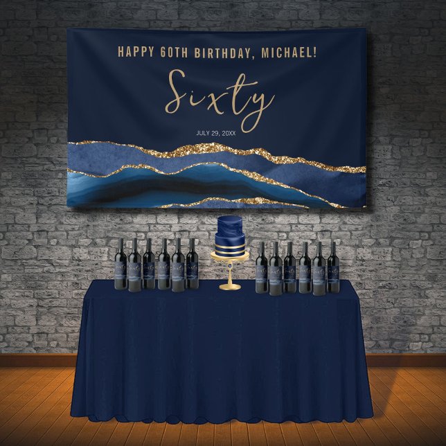 60th Birthday Party Elegant Navy Blue Gold Agate Banner (Creator Uploaded)