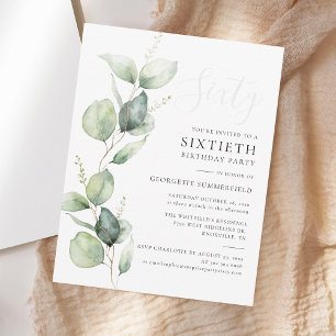 60th Birthday Party Eucalyptus Greenery Script Invitation